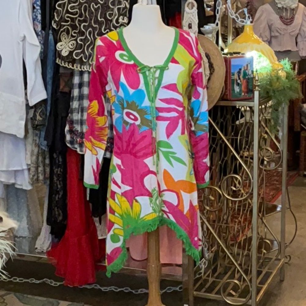 0091 Bhags Boho Bright Floral Tunic w/ Fringe; VGUC Size S/M